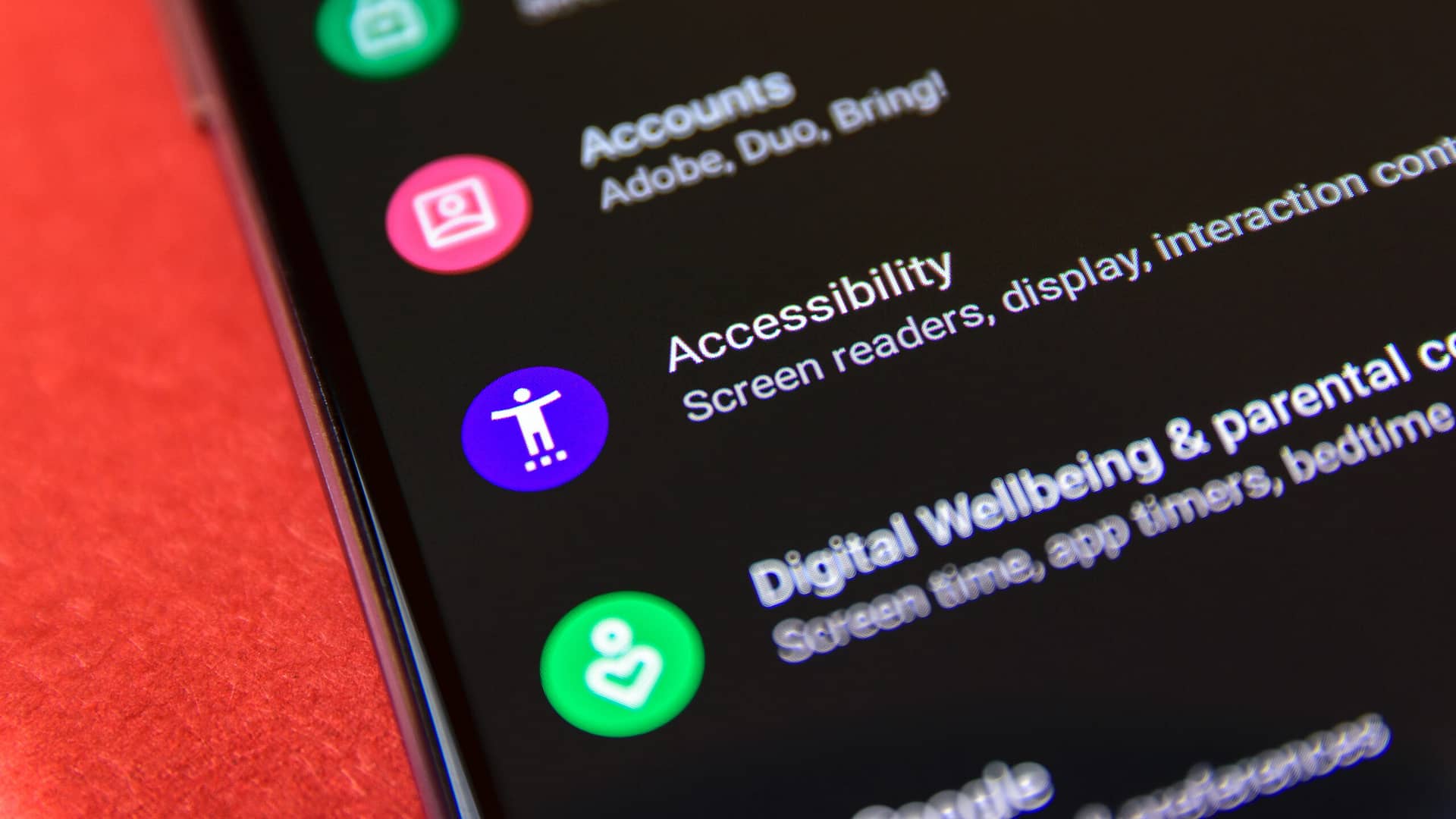 Accessibility in the Android 9 settings menu. Accessibility illustrative editorial.