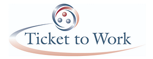 This is the logo of the ticket to work program. Swirling lines encircle three colored spheres. A larger swirling line swoops down below the text Ticket to Work.