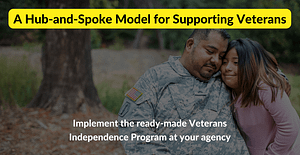 Image description: A veteran wearing fatigues sits in a wheelchair and is hugged by his daughter. A text box highlighted in yellow overlays the top of the image. It says "A Hub-and-Spoke Model for Supporting Veterans. Near the bottom of the image is overlaid text that says "Implement the ready-made Veterans Independence Program at your agency". Below that is a button that says "Contact Us To get Started."
