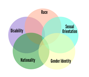Multiple colored circles overlapping. In each circle is a word, which are as follows in clockwise order: Disability, Race, Sexual Orientation, Gender Identity, Nationality