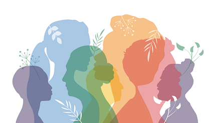 Image description: Silhouettes of people from the shoulder up overlap in various rainbow colors representing diversity.