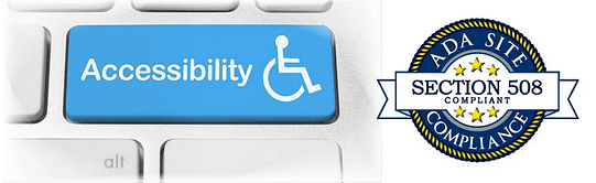 A computer keyboard has a blue button that has the word Accessibility on it, next to the icon of a person using a wheelchair. Next to that is a seal that says Section 508 compliant.